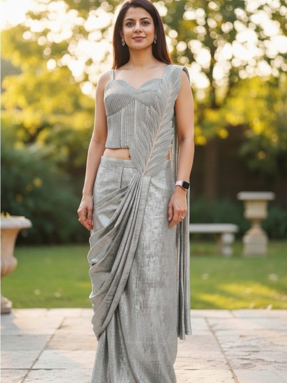 Silver Draped Women's Skirt Set/ ready wear saree